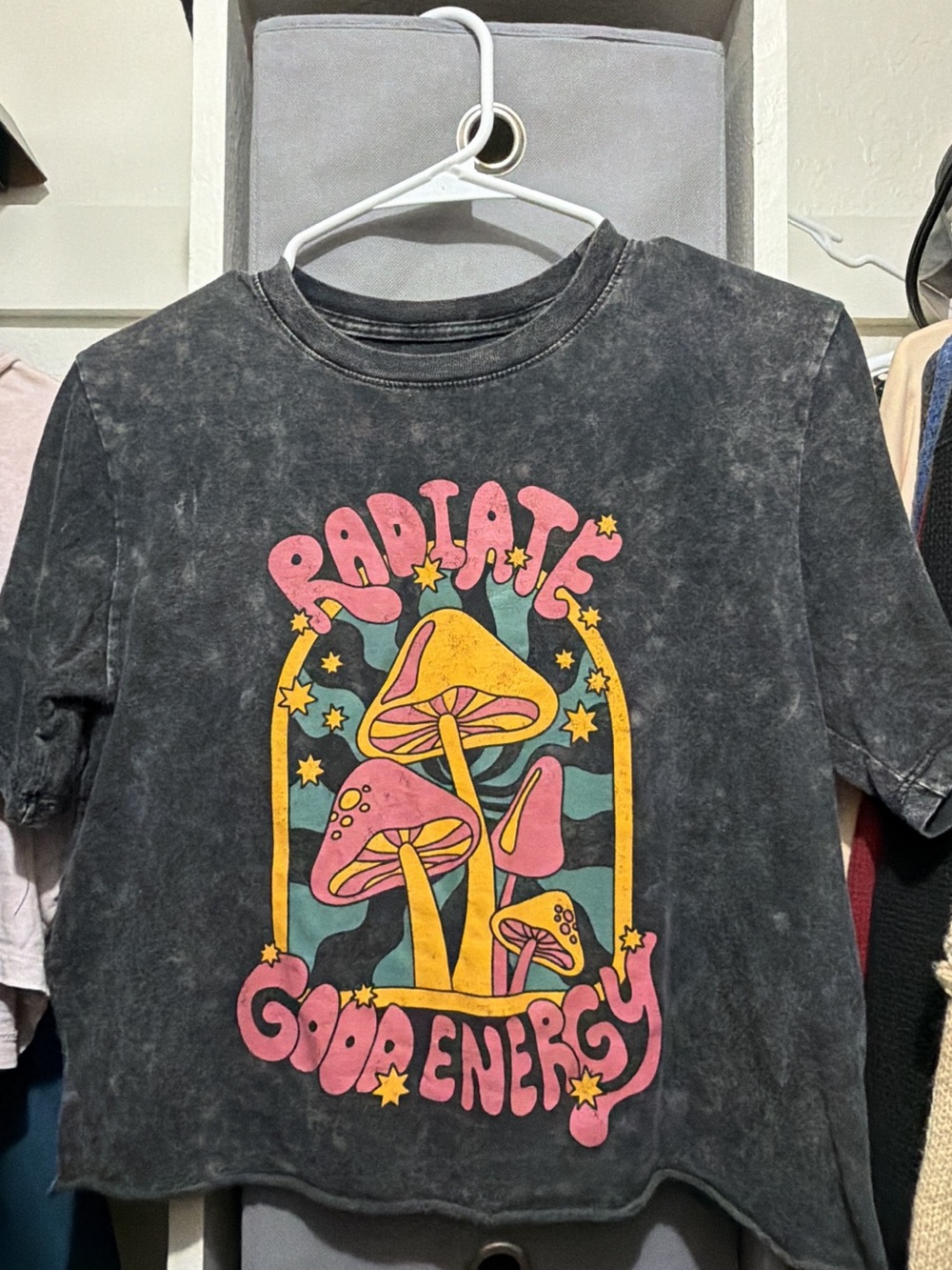 Fifth Sun Black Crop Top with Pink & Yellow Mushroom Graphic